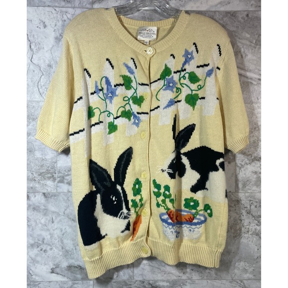 Susan Bristol Sweaters - Susan Bristol Women's L Hand Embroidered Cardigan Sweater Yellow Spring Bunny